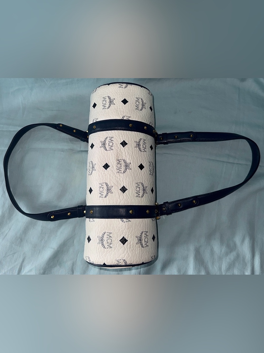 MCM Authentic White&Navy Visetos Logo Barrel Bag Navy Straps&Gold Tone Hardware - Picture 6 of 13